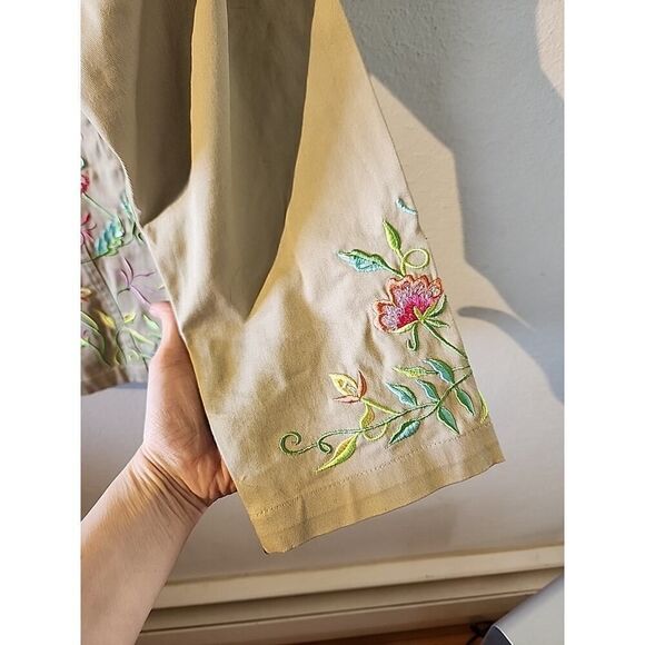 Quacker Factory Jacket Tan Embroidered Floral Spring Zip Up Womens Size Large L - Picture 6 of 8